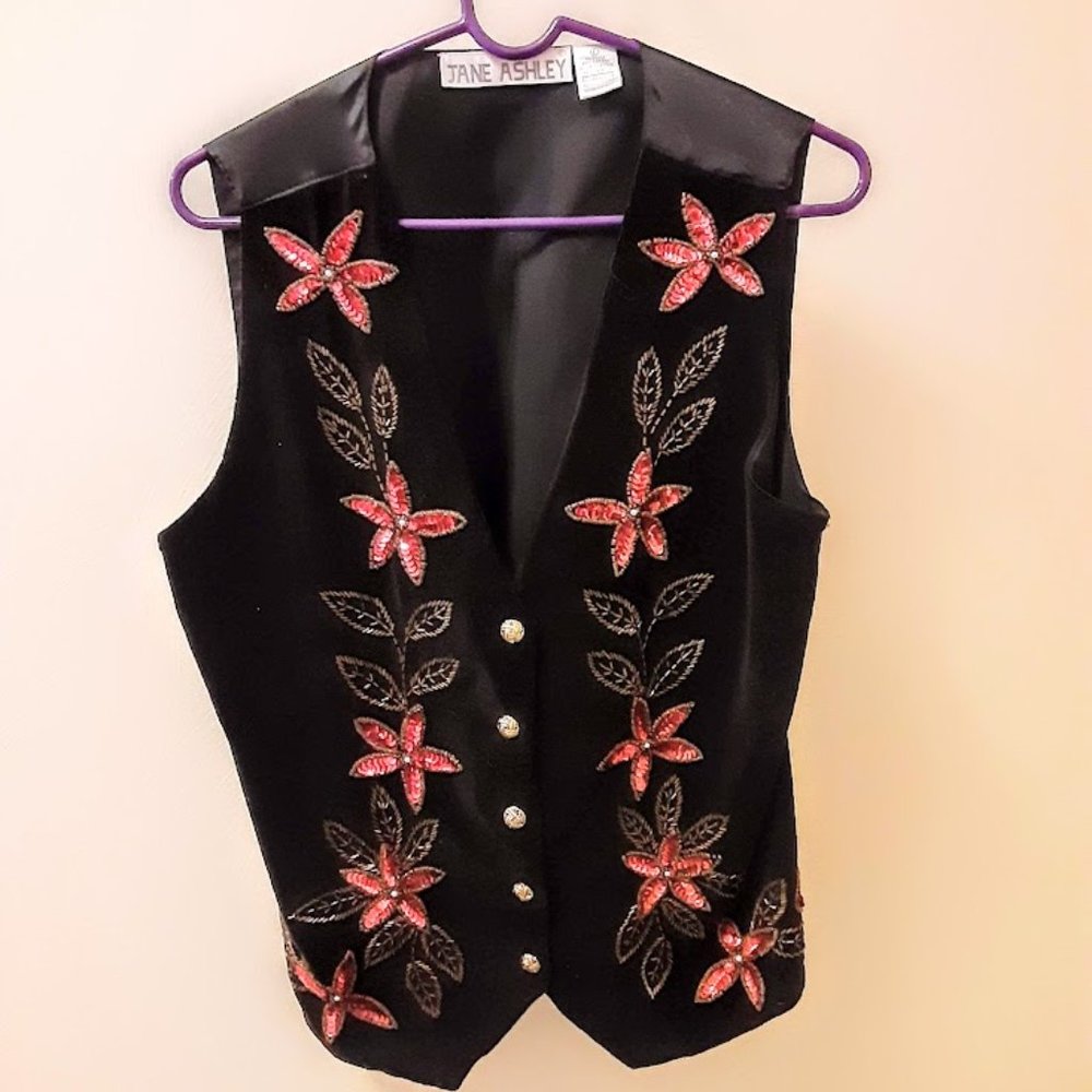 JANE ASHLEY BEADED/SEQUINED BLACK VELVET VEST (L)